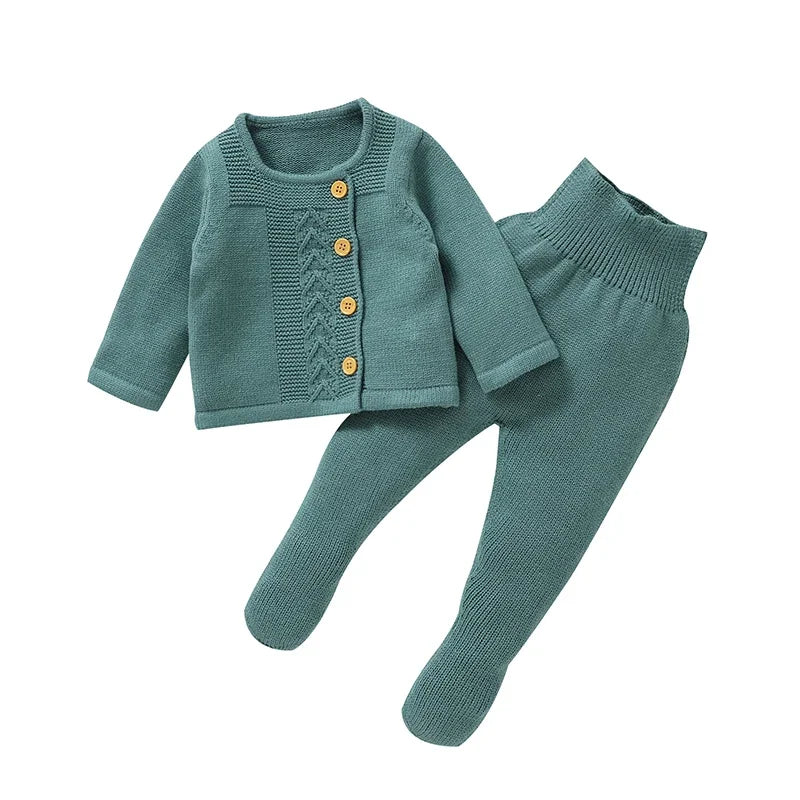 Baby Knit Sweater Set 2PC Warm Pullover and Pants for Autumn Fashion in teal with button details