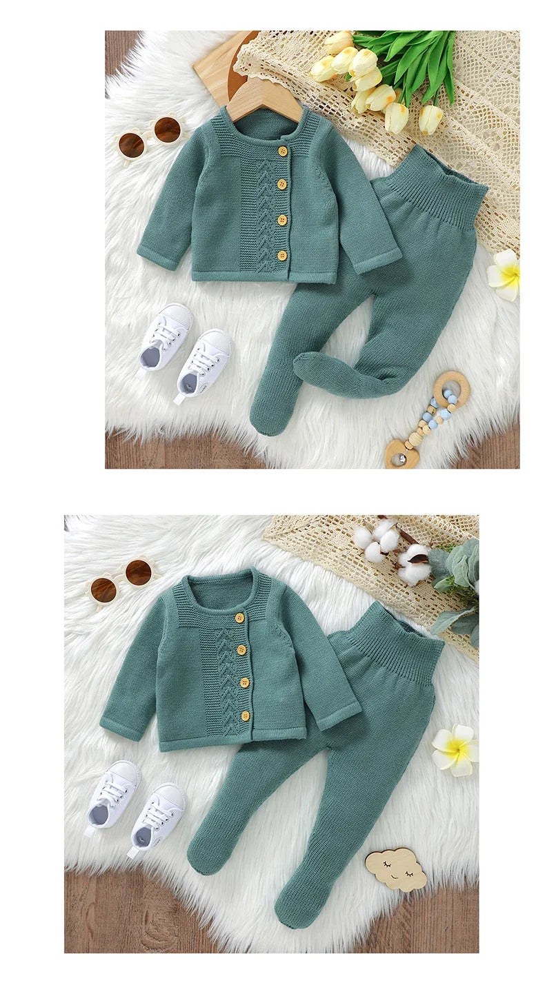 Baby Knit Sweater Set 2PC Warm Pullover and Pants for Autumn Fashion in soft green with wooden buttons