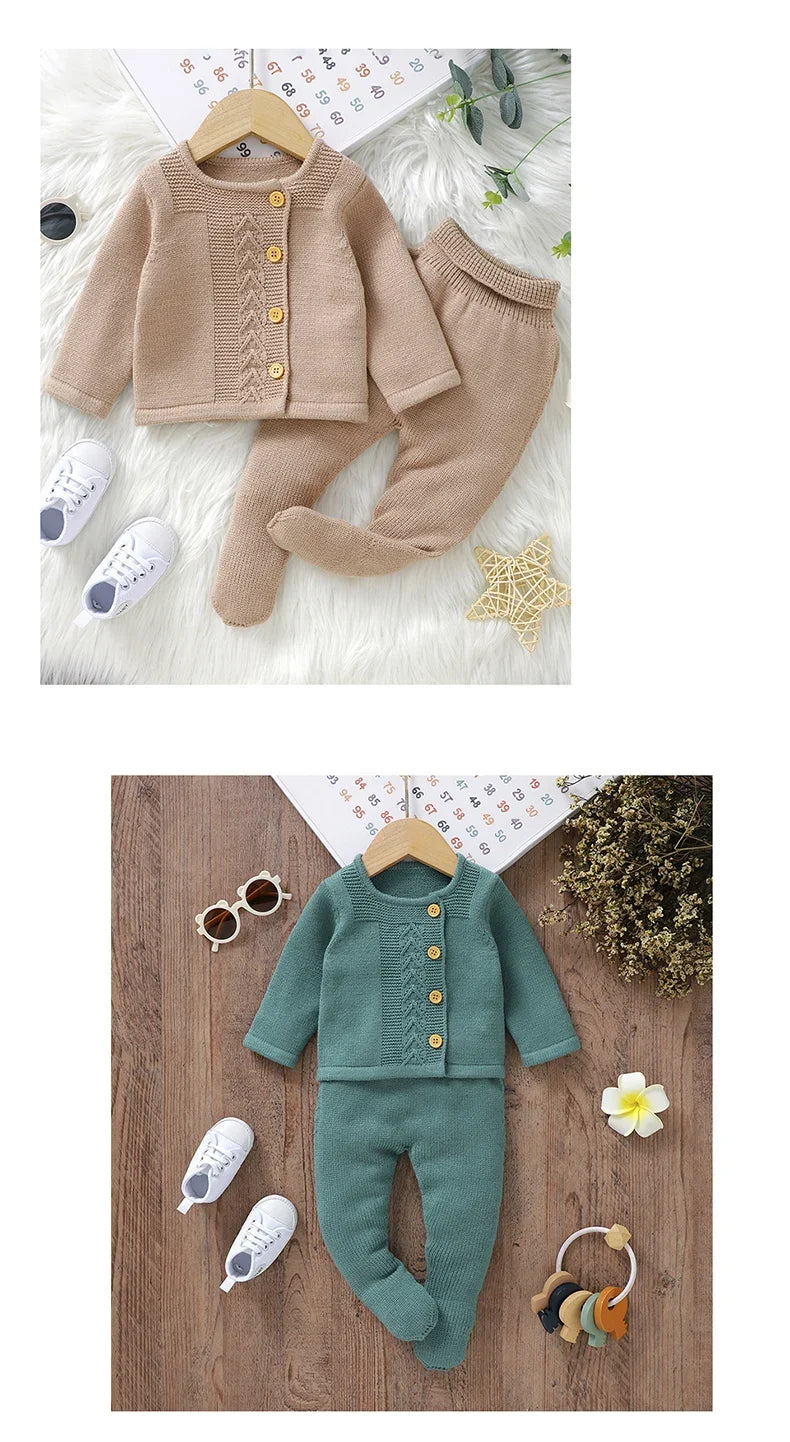 Baby Knit Sweater Set 2PC Warm Pullover and Pants for Autumn Fashion in beige and teal colors with buttons
