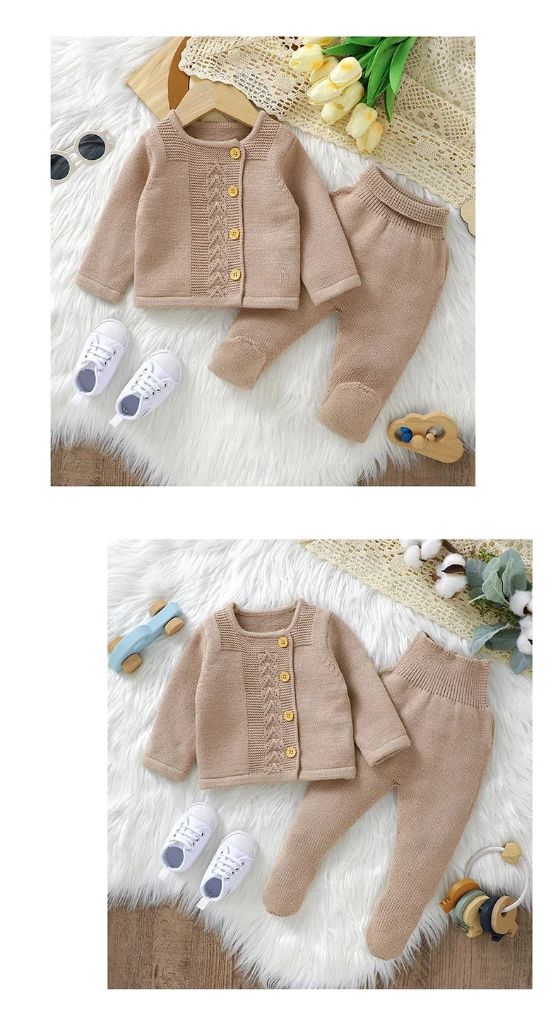 Baby Knit Sweater Set 2PC Warm Pullover and Pants for Autumn Fashion in soft beige with buttons