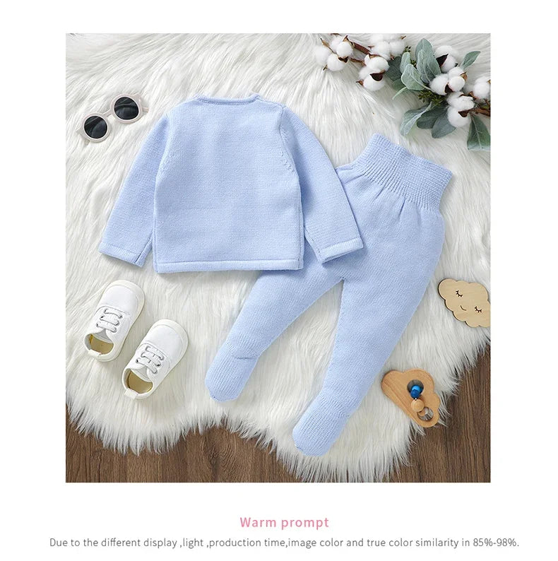 Baby Knit Sweater Set 2PC Warm Pullover and Pants for Autumn Fashion in light blue with soft texture