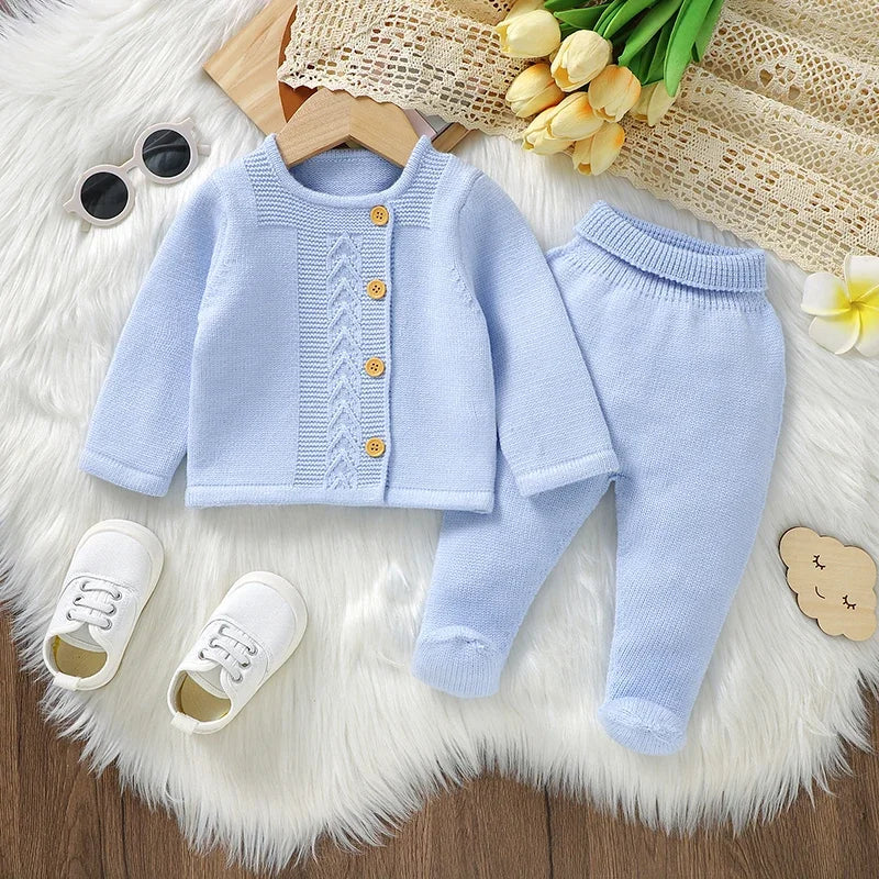 Baby Knit Sweater Set 2PC Warm Pullover and Pants for Autumn Fashion in light blue with wooden buttons