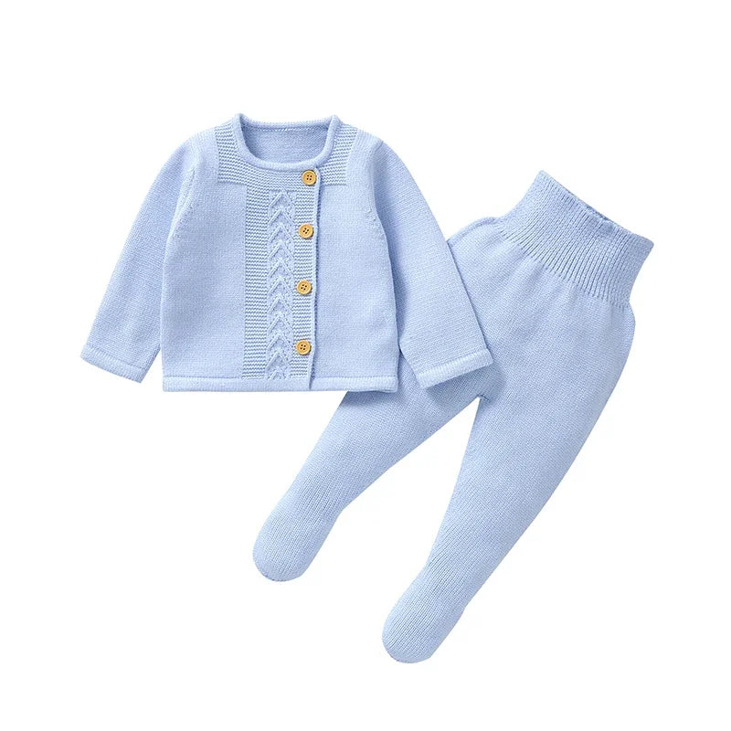 Baby Knit Sweater Set 2PC Warm Pullover and Pants for Autumn Fashion in soft pastel blue