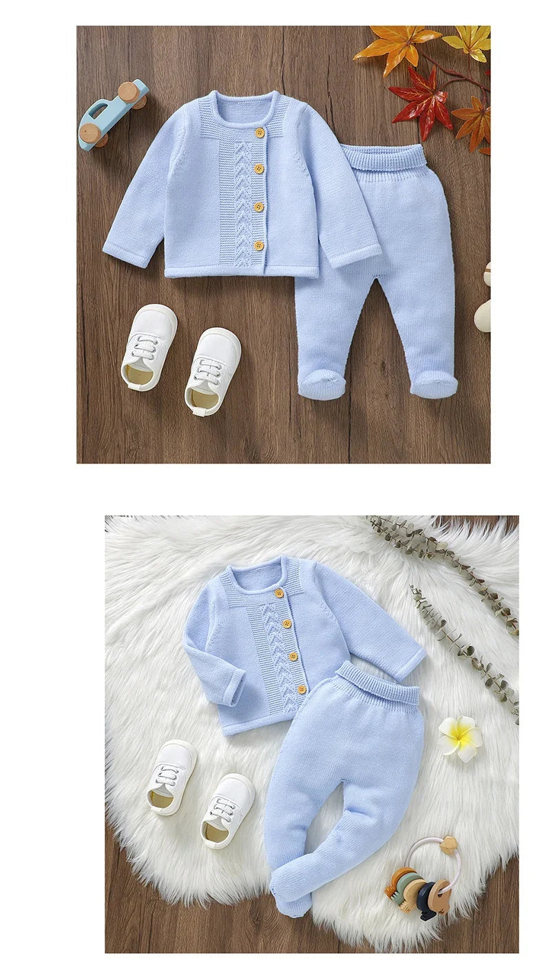 Baby Knit Sweater Set 2PC Warm Pullover and Pants for Autumn Fashion in light blue displayed with baby shoes and toys