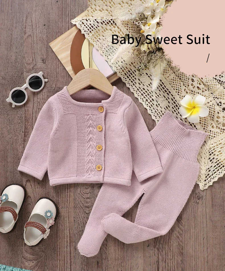 Baby Knit Sweater Set 2PC Warm Pullover and Pants for Autumn Fashion in soft pink knit with wooden buttons