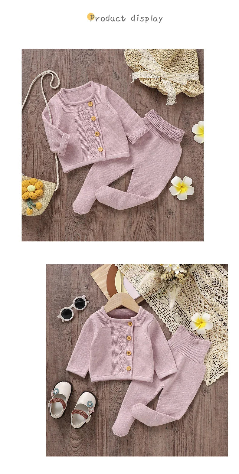 Baby Knit Sweater Set 2PC Warm Pullover and Pants for Autumn Fashion in soft pink with wooden buttons
