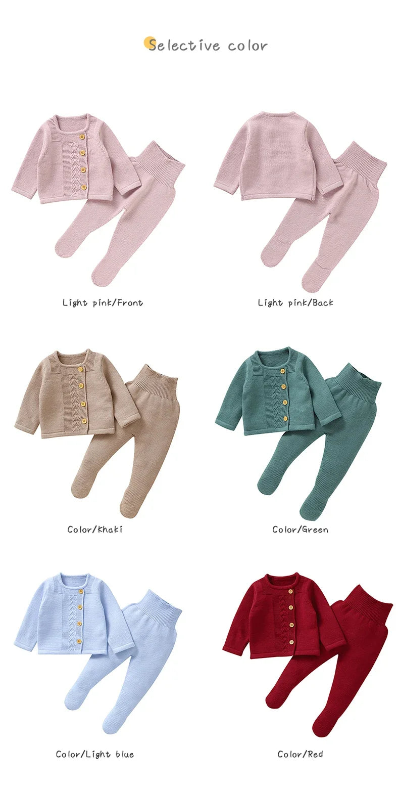 Baby Knit Sweater Set 2PC Warm Pullover and Pants for Autumn Fashion in multiple colors including light pink, khaki, green, light blue, and red