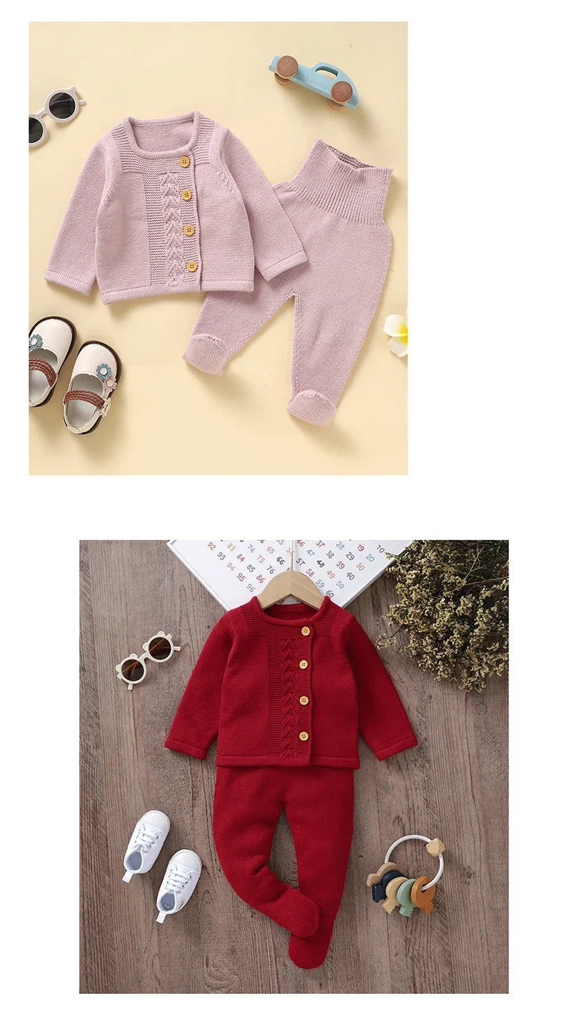 Baby Knit Sweater Set 2PC Warm Pullover and Pants for Autumn Fashion in pink and red cozy designs