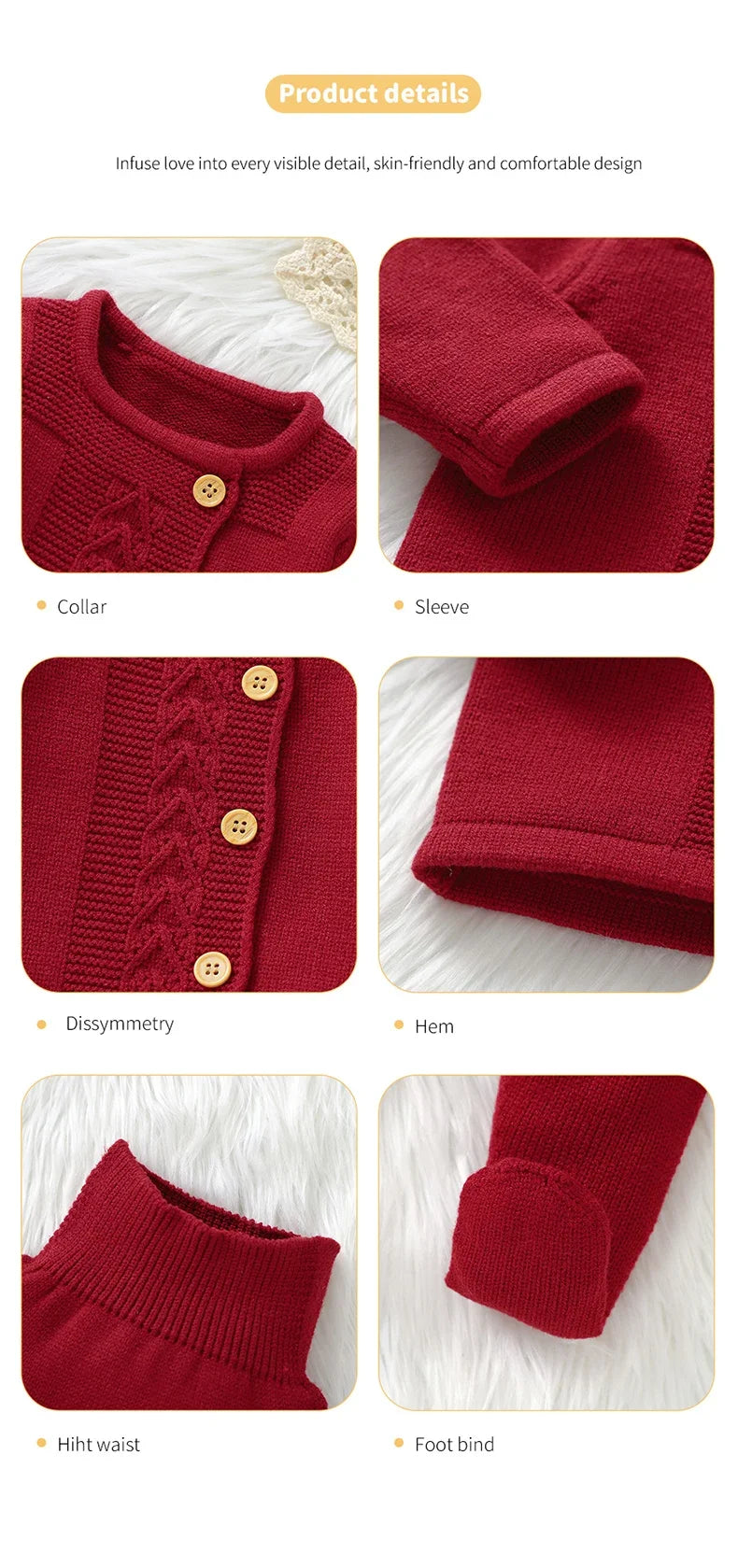 Baby Knit Sweater Set 2PC Warm Pullover and Pants for Autumn Fashion detailed close-up of collar sleeve buttons hem waist and foot bind