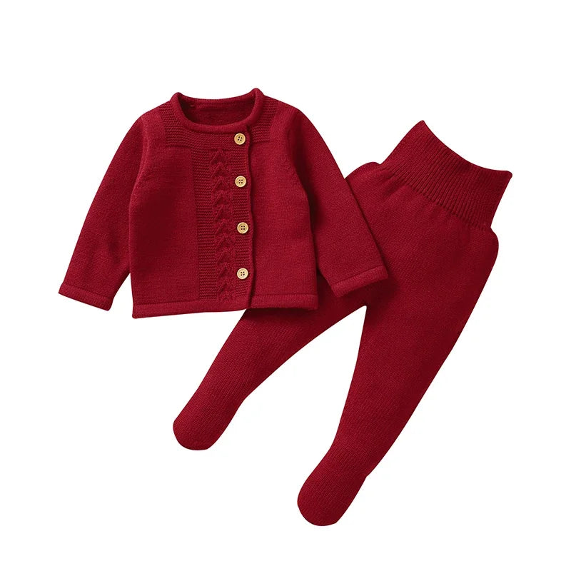 Baby Knit Sweater Set 2PC Warm Pullover and Pants for Autumn Fashion in red with buttoned cardigan and footed pants