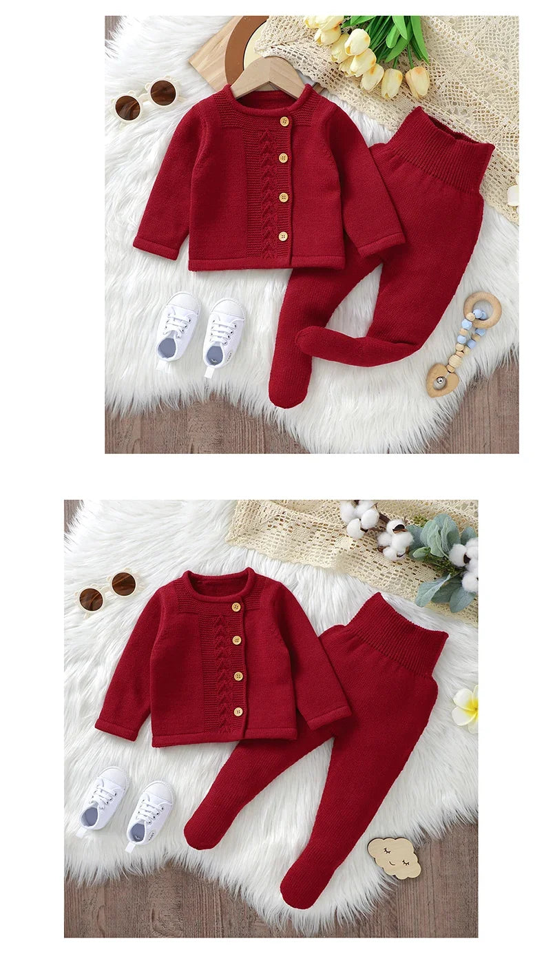 Baby Knit Sweater Set 2PC Warm Pullover and Pants for Autumn Fashion in red with wooden buttons and matching shoes
