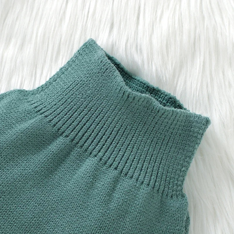 Yamza Tots Closet Baby Knit Sweater Set 2PC Warm Pullover and Pants for Autumn Fashion close-up of teal knitted sweater collar