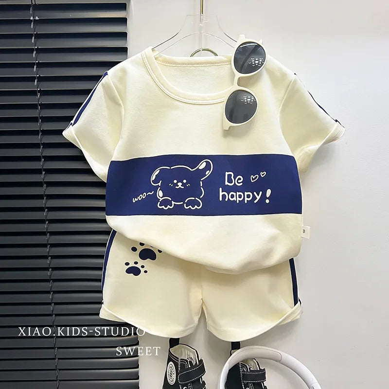 Baby Striped Short Sleeve T-shirt Set Summer Loungewear for Boys Girls in white with navy blue dog print and matching shorts