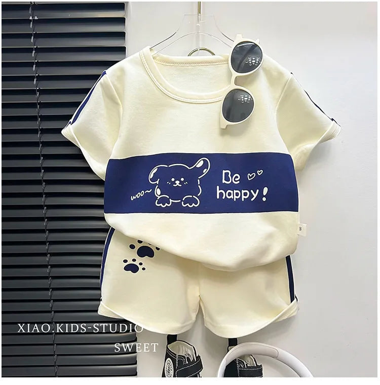 Baby Striped Short Sleeve T-shirt Set Summer Loungewear for Boys Girls in cream with blue dog print and paw designs