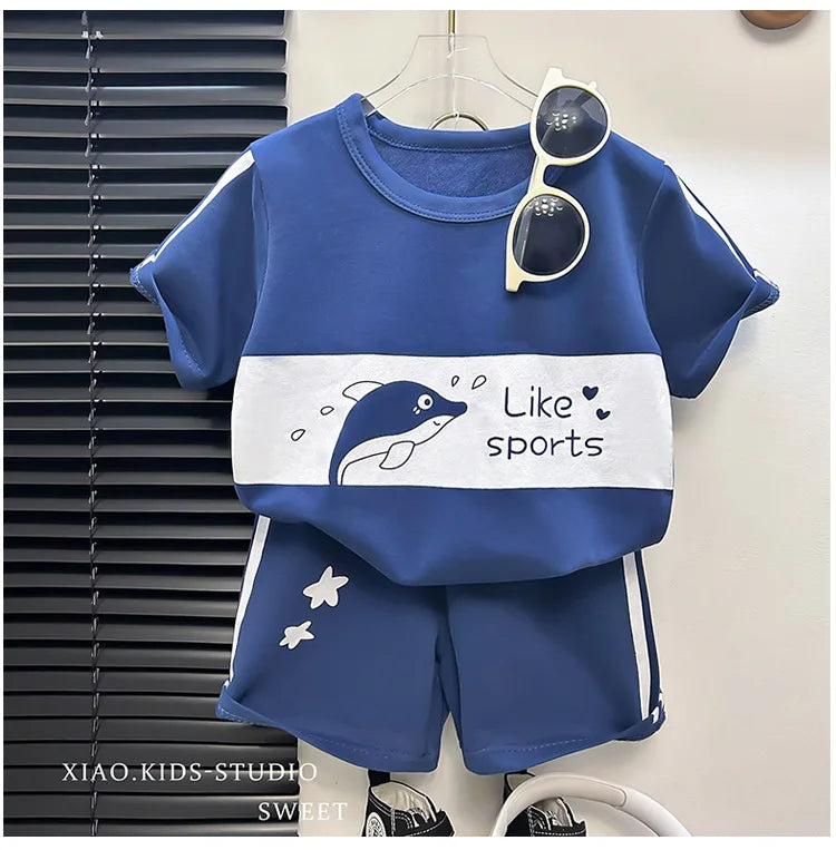 Baby Striped Short Sleeve T-shirt Set Summer Loungewear for Boys Girls in blue with dolphin print and matching shorts  