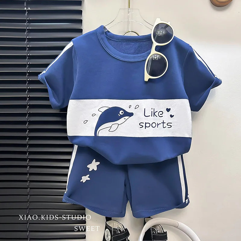 Baby Striped Short Sleeve T-shirt Set Summer Loungewear for Boys Girls in blue with dolphin print and matching shorts