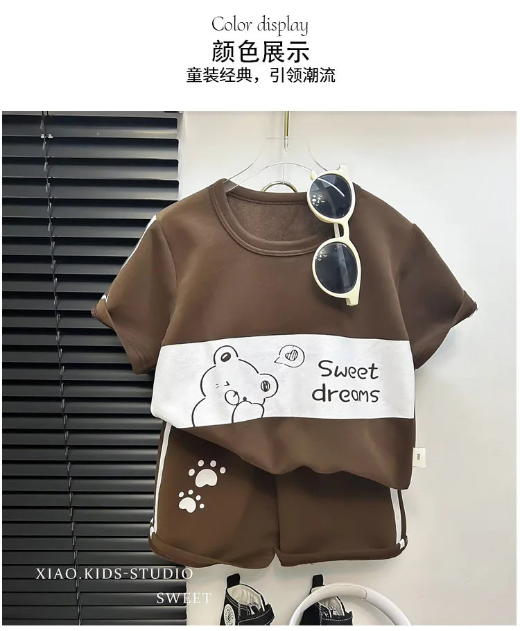 Baby Striped Short Sleeve T-shirt Set Summer Loungewear for Boys Girls with brown bear design and matching shorts