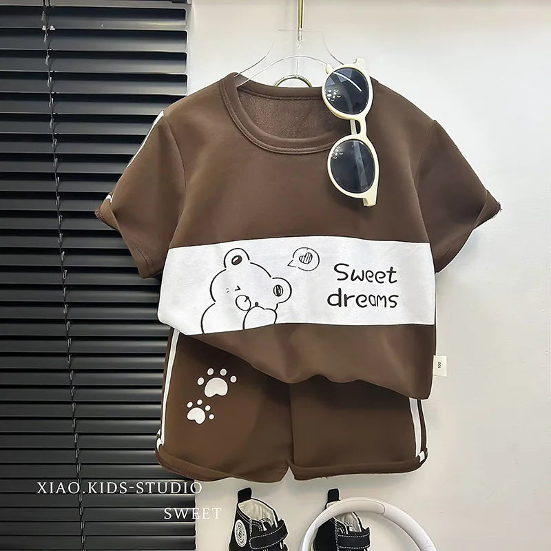 Baby Striped Short Sleeve T-shirt Set Summer Loungewear for Boys Girls in brown with cute bear and paw prints