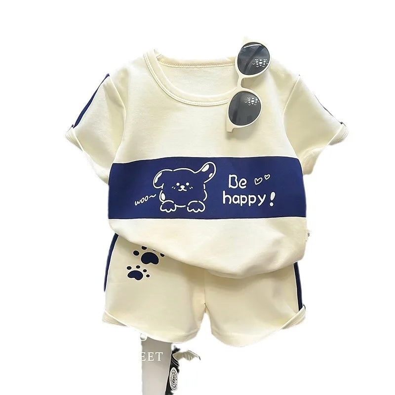 Baby Striped Short Sleeve T-shirt Set Summer Loungewear for Boys Girls with playful dog print and paw accents