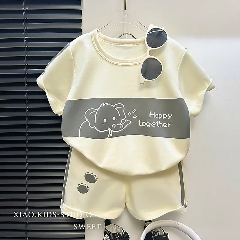 Baby Striped Short Sleeve T-shirt Set Summer Loungewear for Boys Girls with elephant design and matching shorts