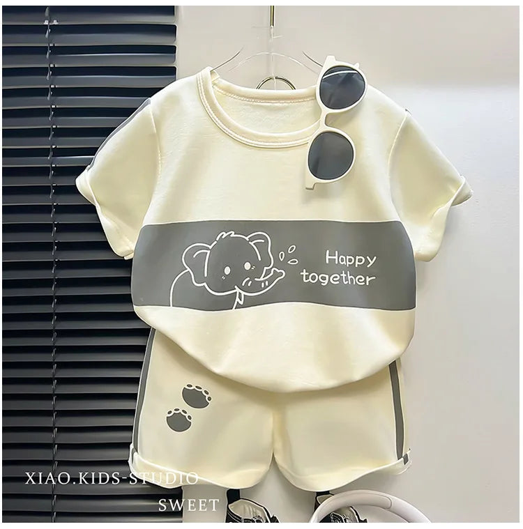 Baby Striped Short Sleeve T-shirt Set Summer Loungewear for Boys Girls with elephant design and matching shorts 