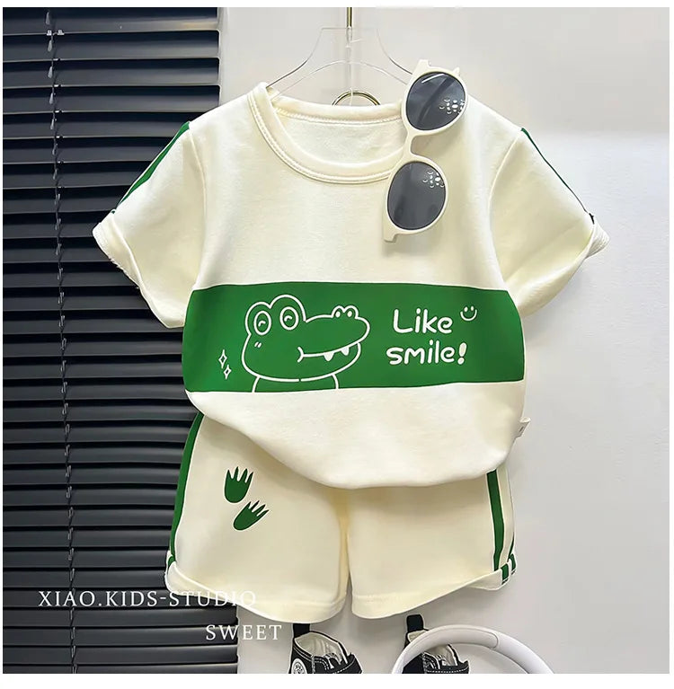 Baby Striped Short Sleeve T-shirt Set Summer Loungewear for Boys Girls in white with green crocodile print and matching shorts