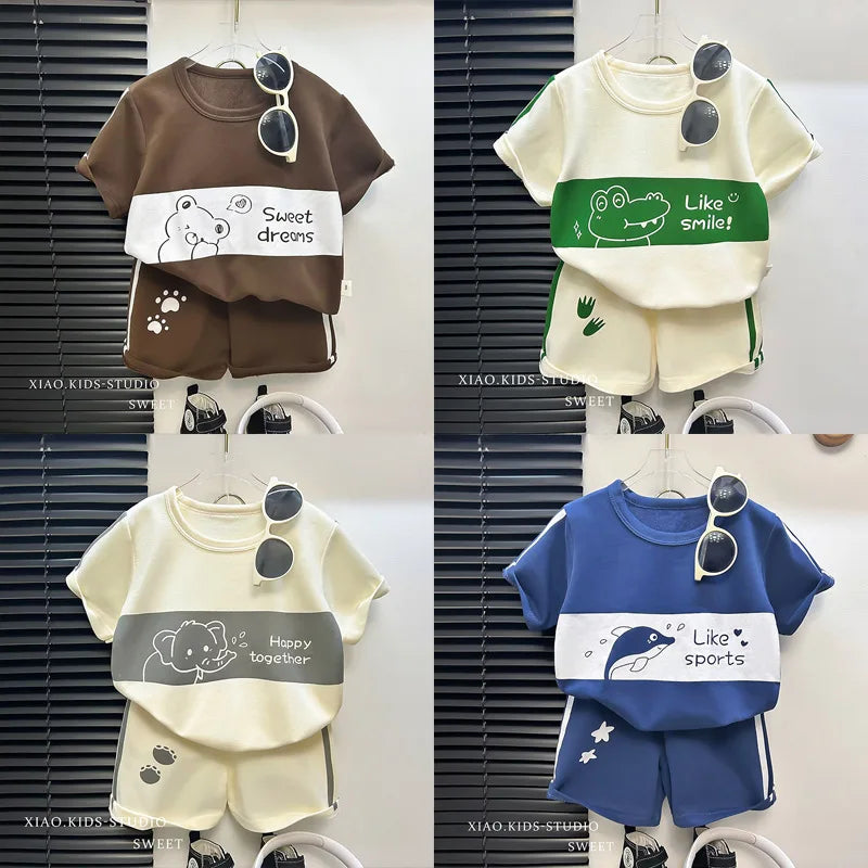 Baby Striped Short Sleeve T-shirt Set Summer Loungewear for Boys Girls in brown, cream, and blue with cute animal prints