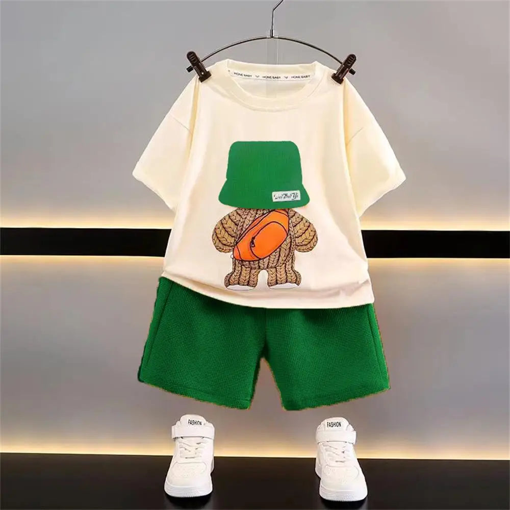 Baby Summer Casual Set Loose Cute Top and Shorts Two-Piece Outfit with green shorts and graphic cream t-shirt