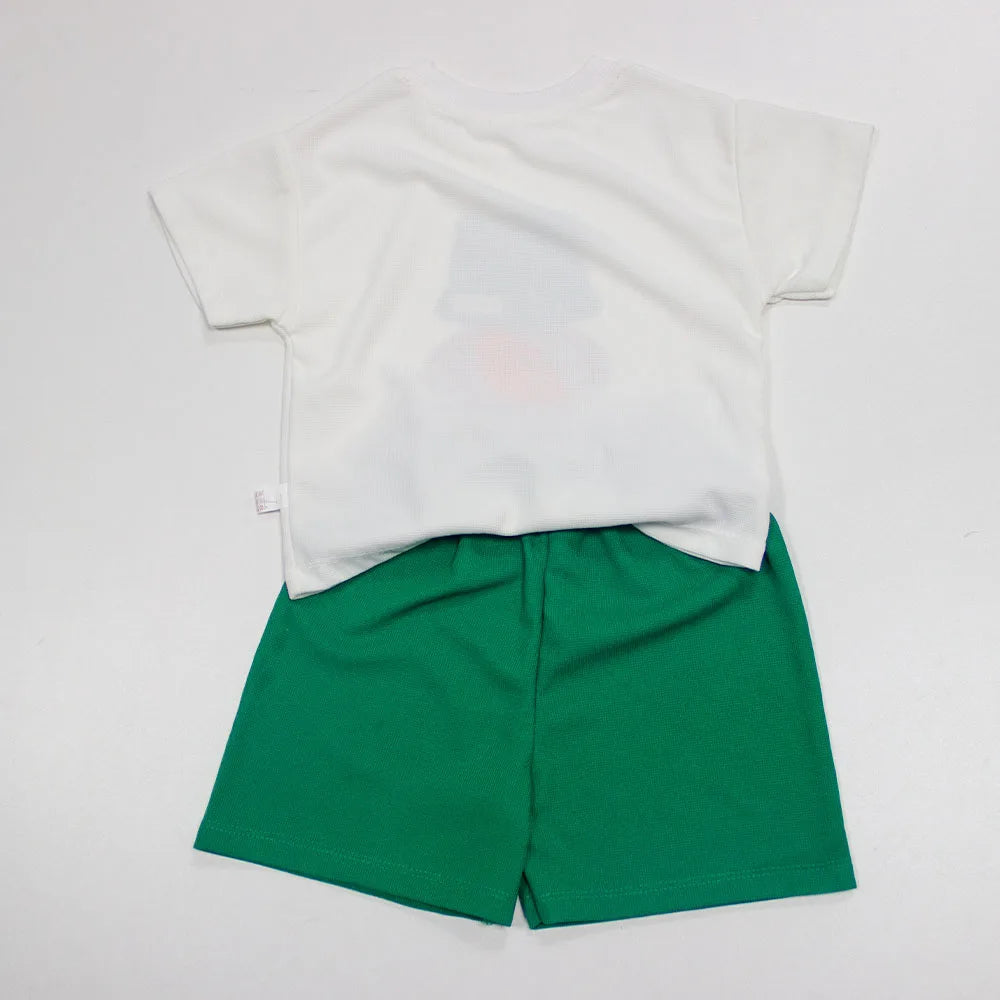 Baby Summer Casual Set Loose Cute Top and Shorts Two-Piece Outfit with white top and green shorts