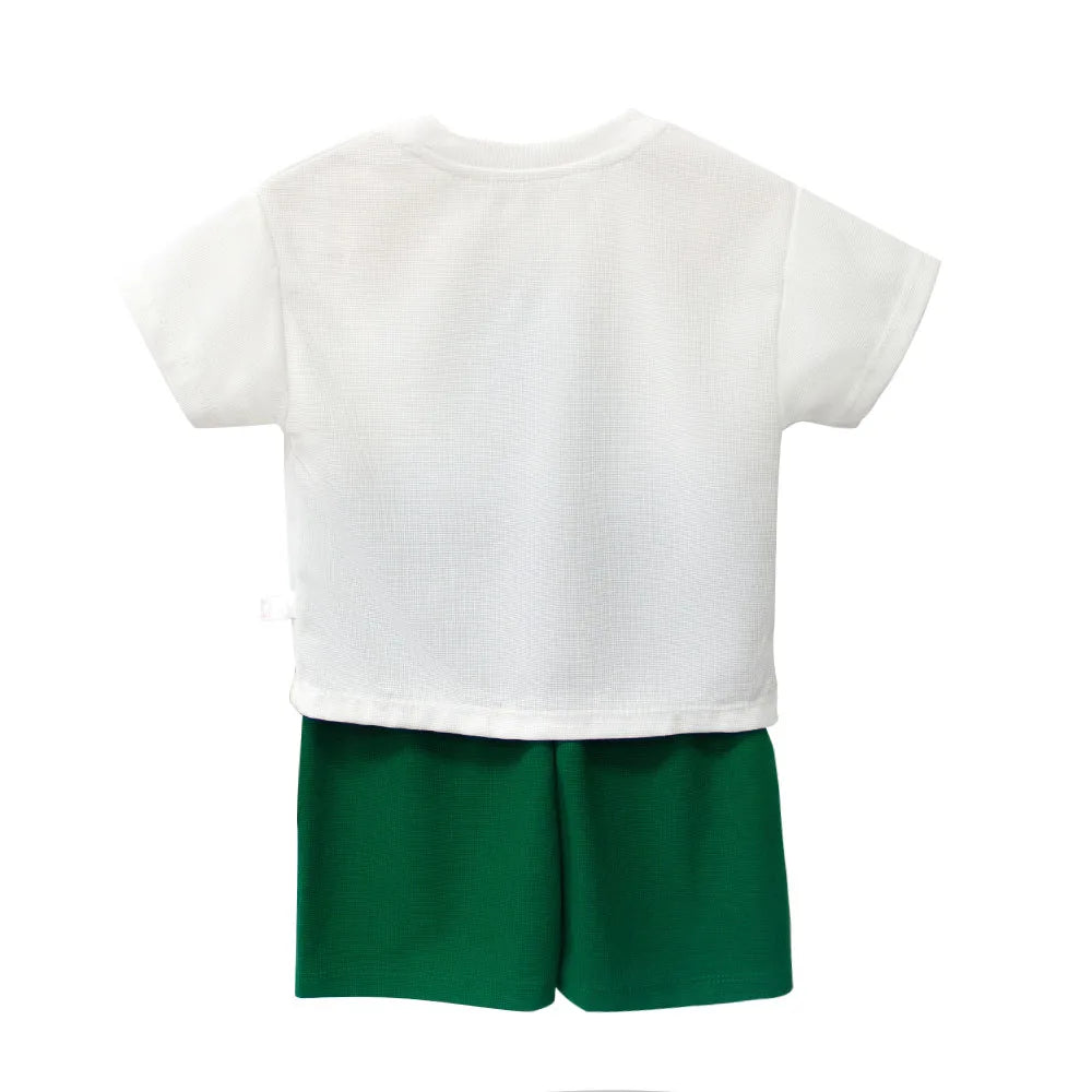 Baby Summer Casual Set Loose Cute Top and Shorts Two-Piece Outfit in white and green from Yamza Tots' Closet