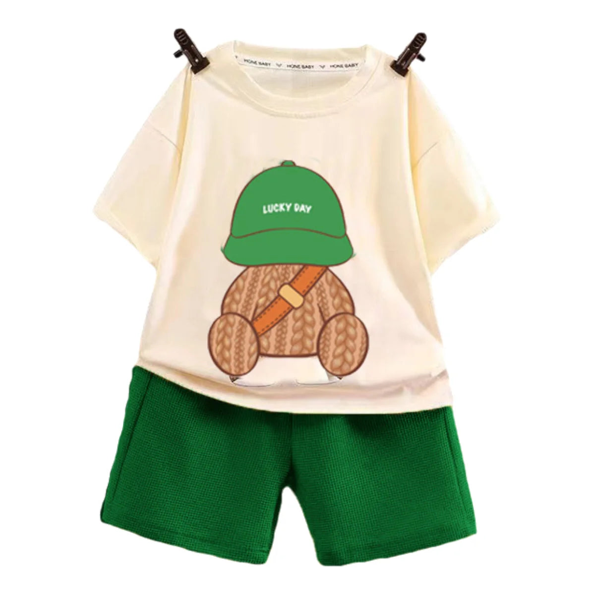 Baby Summer Casual Set Loose Cute Top and Shorts Two-Piece Outfit with teddy bear print and green shorts