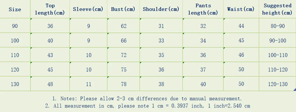 Size chart detailing measurements for Baby Summer Casual Set Loose Cute Top and Shorts Two-Piece Outfit including top and pants dimensions