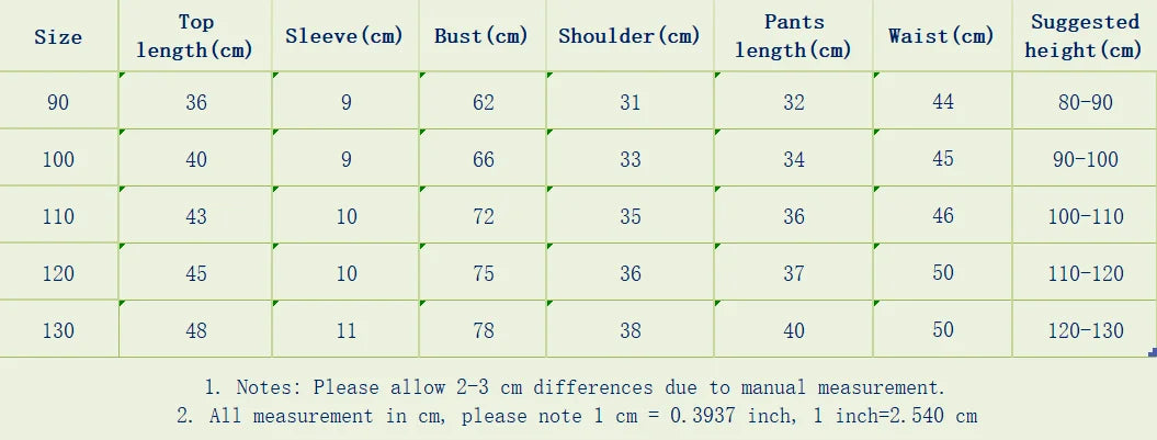 Size chart detailing measurements for Baby Summer Casual Set Loose Cute Top and Shorts Two-Piece Outfit including top and pants dimensions