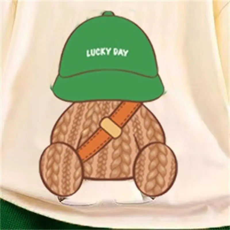 Baby Summer Casual Set Loose Cute Top and Shorts Two-Piece Outfit with teddy bear and green hat design