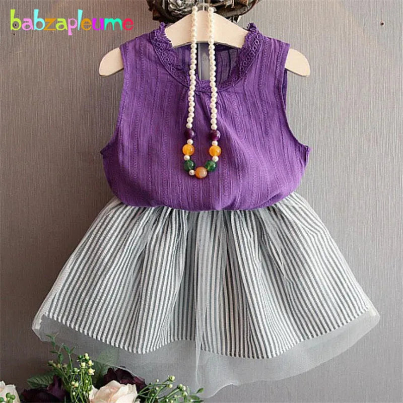 Kids Girl Clothes Set Infant Sleeveless Vest and Skirt 2Pcs Toddler Outfit in purple and striped gray