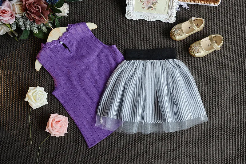 Kids Girl Clothes Set Infant Sleeveless Vest and Skirt 2Pcs Toddler Outfit with purple top and striped skirt  