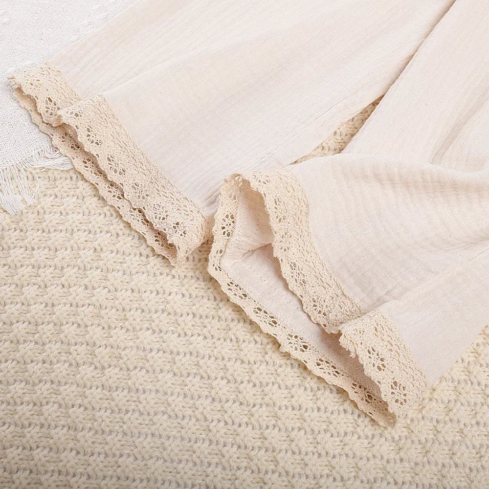 Close-up of lace trim on cream Korean Kids Summer Organic Cotton Girls Camisole Top with Lace Wide Leg Pants