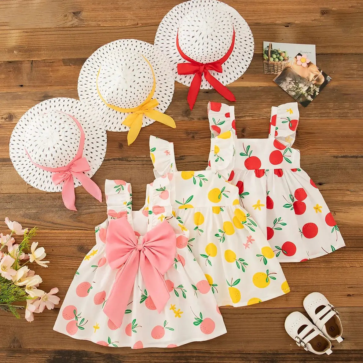 Beach Dress Casual Fruit Printed with Hat Suit featuring colorful fruit patterns and matching wide-brim hats