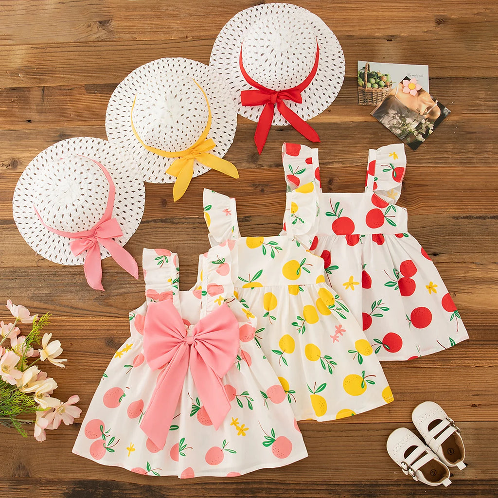 Beach Dress Casual Fruit Printed with Hat Suit featuring three colorful fruit print dresses and matching wide-brim hats