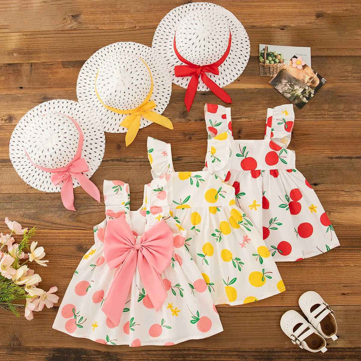 Beach Dress Casual Fruit Printed with Hat Suit featuring three colorful fruit print dresses and matching wide-brim hats