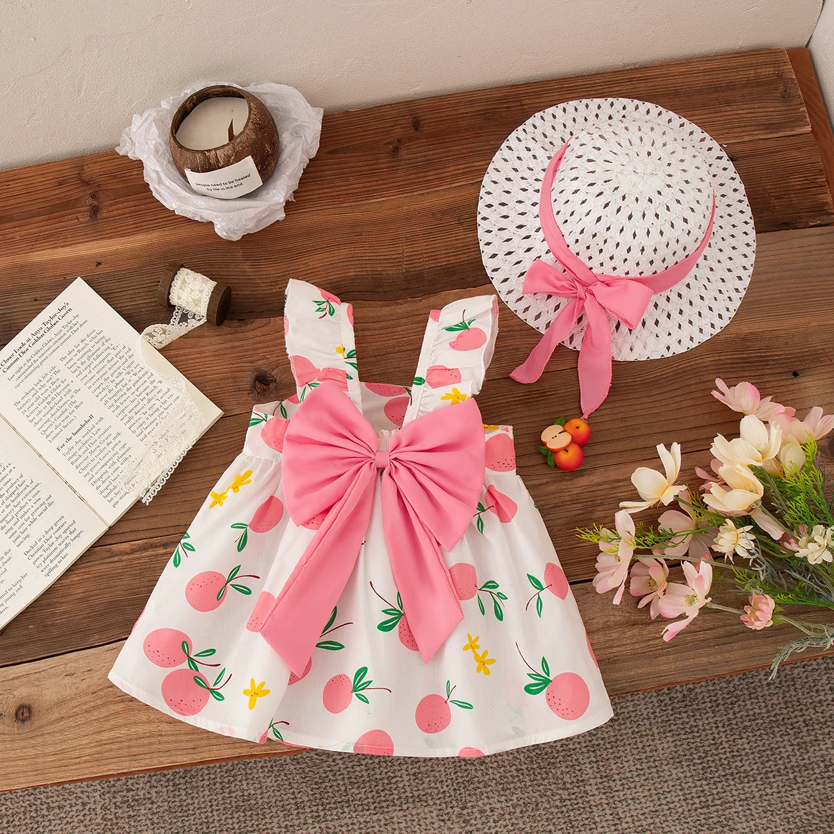 Beach Dress Casual Fruit Printed with Hat Suit featuring a white dress with pink fruit print and large pink bow with matching white hat