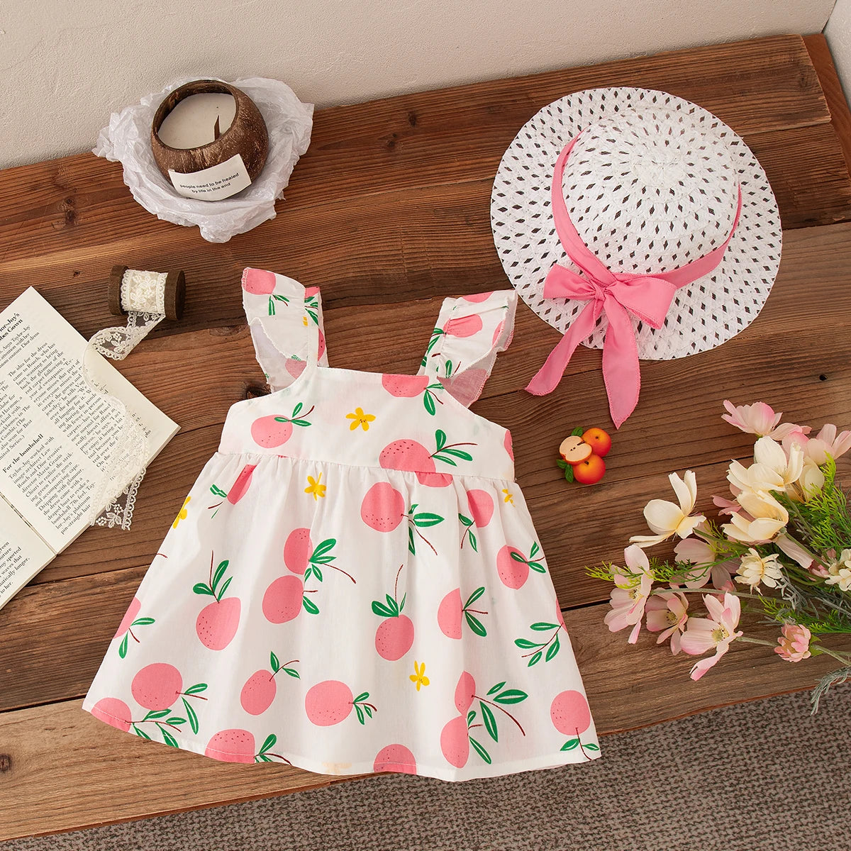 Beach Dress Casual Fruit Printed with Hat Suit featuring pink fruit print dress and white hat with pink bow