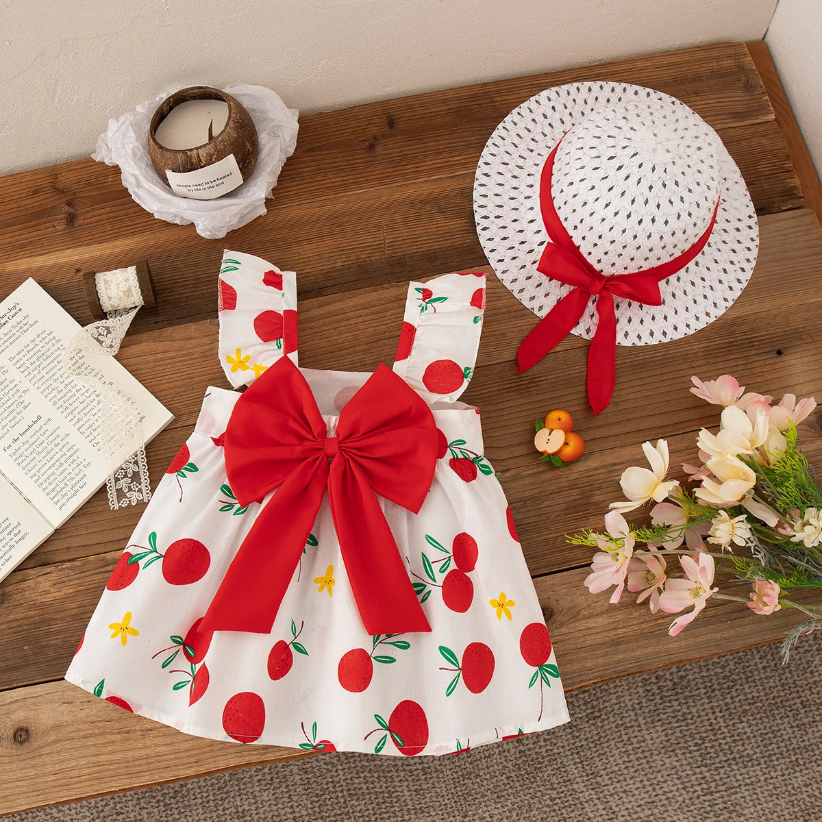 Beach Dress Casual Fruit Printed with Hat Suit featuring a white dress with red fruit and large red bow paired with a white hat with red ribbon