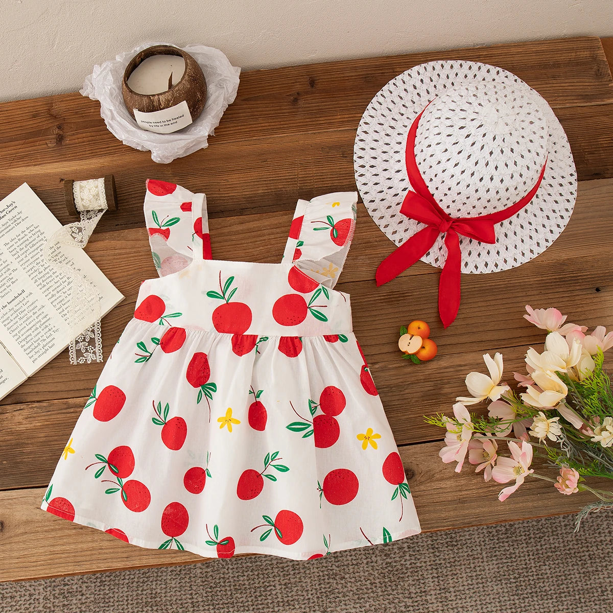 Beach Dress Casual Fruit Printed with Hat Suit featuring red fruit pattern and white hat with red bow
