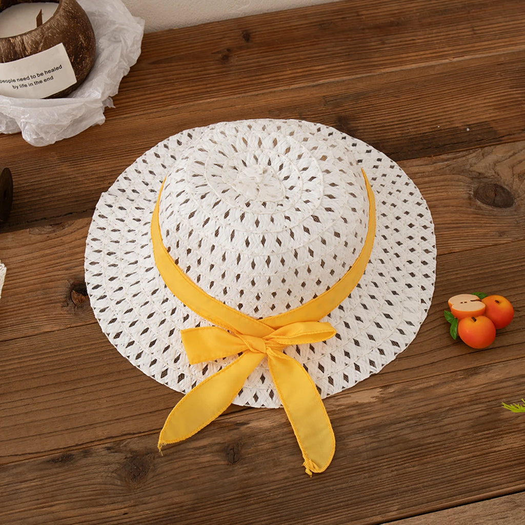 White woven sun hat with yellow ribbon bow for Beach Dress Casual Fruit Printed with Hat Suit by Yamza Tots Closet