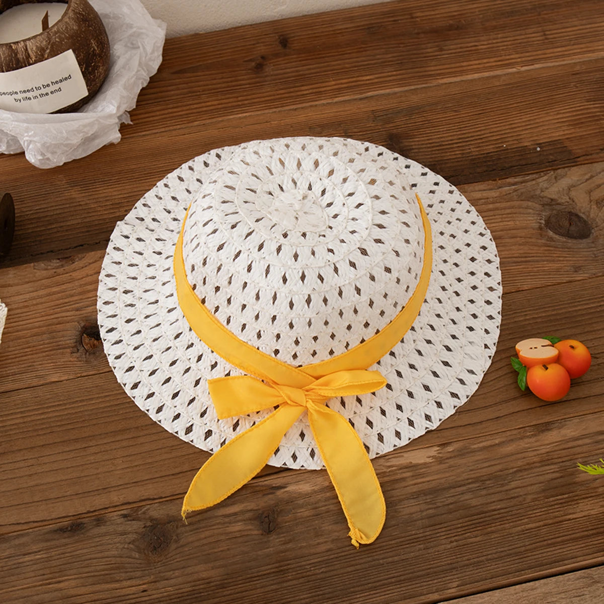White woven sun hat with yellow ribbon bow for Beach Dress Casual Fruit Printed with Hat Suit by Yamza Tots Closet