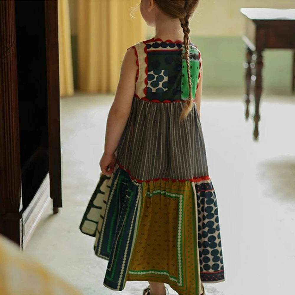 Back view of Bear Leader Girls Summer Dress Round Neck Sleeveless Multicolor Geometric Dress worn by a girl with braided hair
