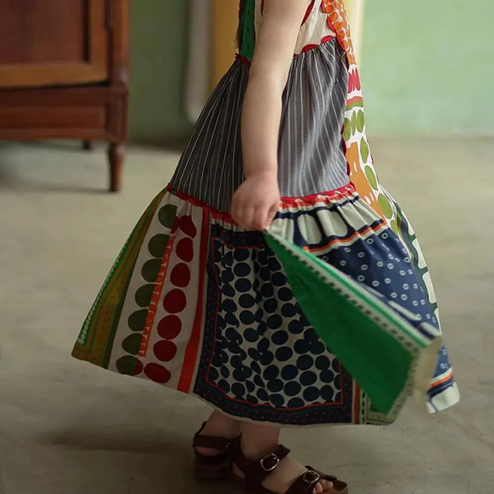 Bear Leader Girls Summer Dress Round Neck Sleeveless Multicolor Geometric Dress worn by child with sandals
