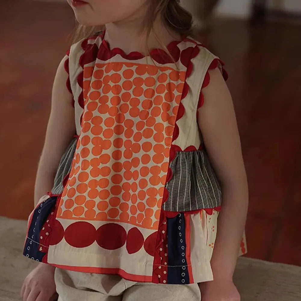 Bear Leader Girls Summer Dress Round Neck Sleeveless Multicolor Geometric Dress featuring orange circles and red scalloped trim