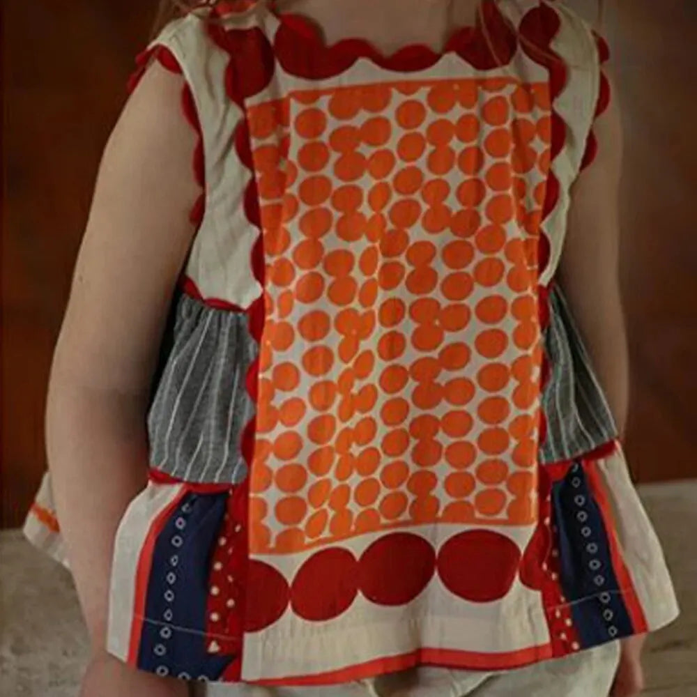 Bear Leader Girls Summer Dress Round Neck Sleeveless Multicolor Geometric Dress with orange and red circle patterns
